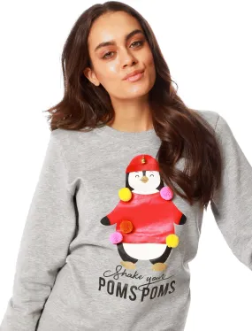 Women's Xmas Pom Pom Penguin Motif Novelty Christmas Sweatshirt In Light Grey Marl