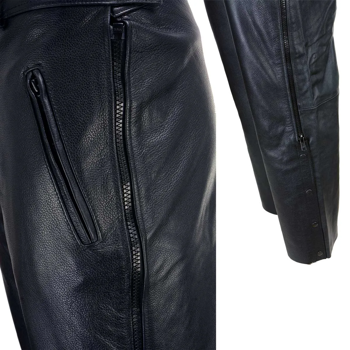 Xelement B7440 Men's Black Premium Leather Motorcycle Protective Over Pants w/ Side Zipper Entry